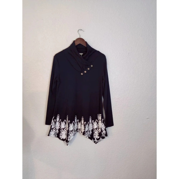 SeSe Code Black & White Long Sleeve Asymmetric Floral Longline Tunic Top Size M - Picture 6 of 10